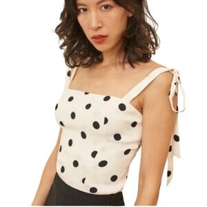 Reformation Ellora Polka Dot Tie Strap Smocked Crop Top Cream Black Size 12